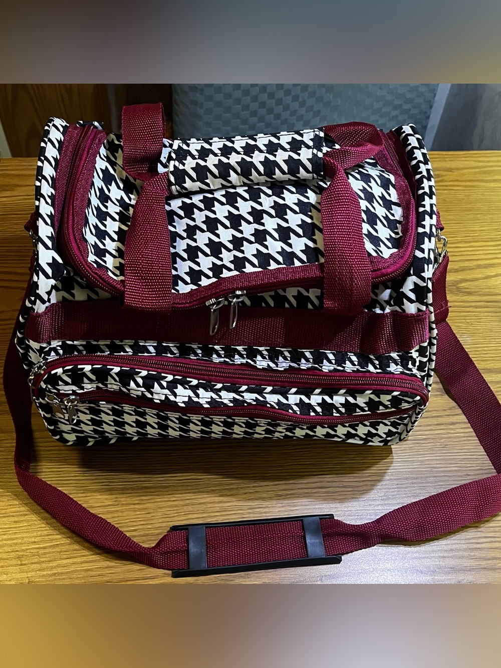 Houndstooth Travel Duffle Bag with Burgundy Accents